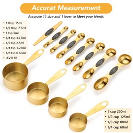 GuDoQi Gold Magnetic Measuring Spoons and Cups Set of 12, 8 Dual Sided Magnetic Measuring Spoons set with Leveler, 4 Measuring Cups, Premium Stainless Steel, Measuring for Liquid and Dry Ingredients