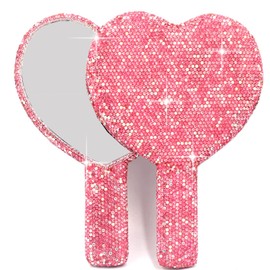 Bestbling - Espejo de mano con forma de corazón con diamantes de imitación, portátil y deslumbrante para retoques sobre la marcha (plástico rosa)