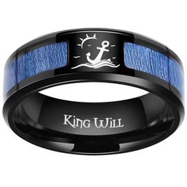 King Will Mens Blue Maple Wood Titanium Ring Laser Nautical Anchor Sun Seagulls and Blue Maple Wood Inlay Wedding Band for Men Polish Comfort Fit 10