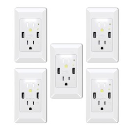 Greencycle USB Outlet with Nightlight, High Speed Dual 4.2A USB Ports Charger Wall Receptacle,15-Amp Electrical AC Duplex Receptacle, Power-Saving Auto Guide Light and Wall Plates White,5Pack