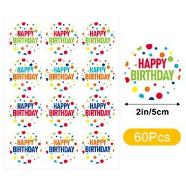G2PLUS 5cm Happy Birthday Stickers,60PCS Waterproof Stickers, Dots Birthday Favors Labels for Birthday Party Bags,Baby Shower Party Favors
