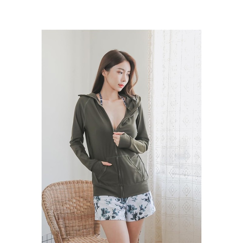 [KOUKOUCOCO] UVラッシュガード ハイネック帽子舌付きUVカットラッシュガード (JP, アルファベット, L, カーキ)