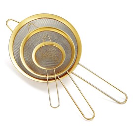 Gold Fine Mesh Strainer 3-Piece Set, Golden Flour Strainer for Baking, Stainless Steel Clander, Gold Matcha Tea Strainer, Sauce Separator, Stasher Strainer Pasta Strainer
