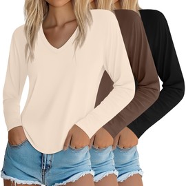 Ficerd 3 Pack Women's Long Sleeve Shirts, V Neck Cotton Casual Tops Loose Fit Solid Soft T-Shirts Curved Hem Basic Tees 2025(Black, Apricot, Coffee,Large)