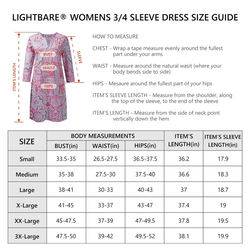 Lightbare Women’s 3/4 Sleeve Dress with Pockets UPF 50+ Casual