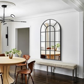 Arched Wall Mirror, 30x55 inch Window Pane Mirrors for Wall Decor, Black Arch Mirrors Wall Mounted, Black Frame Arched Mirror for Living Room Bedroom Entryway, Horizontal Hanging or Leaning Against