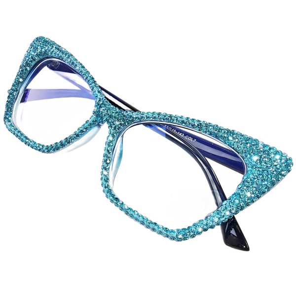 ICARA Rhinestone Cat Eye Reading Glasses Womens Cute Computer Blue