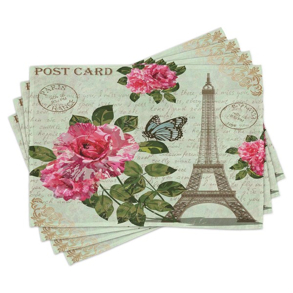 Ambesonne Paris Place Mats Set of 4, Shabby Form Romantic Roses Flowers Leaves with Eiffel Tower and Abstract Lettering, Washable Fabric Placemats for Dining Table, Standard Size, Pastel Seafoam