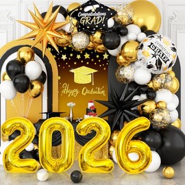 Graduation Balloons Garland Arch Kit, Graduation Balloons Class of 2026, Black and Gold White Latex Balloon with Foil Balloon for Class of 2026 Party Decor