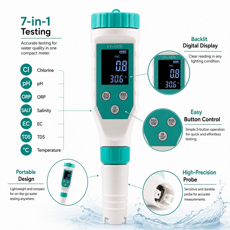 7-in-1 Digital Pool Water Tester for Maintenance – pH, Chlorine,