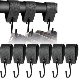 Pack of 6 Leather S Hooks, Camping Hooks, Metal Hooks, Multipurpose Hooks with Leather Loops, Pram Coat Hooks, Handlebar Coat Hooks (Black)