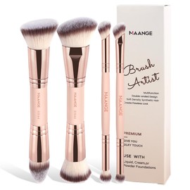 MAANGE Brochas Maquillaje, 4 Brochas de Maquillaje Premium de Doble Punta para Pulir Líquidos, Cremas, Polvos, Difuminar y Contornear el Rostro(Almendra)