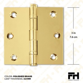 Finsbury Hardware Solid Brass Door Hinge Heavy Duty Ball Bearing Polished Shiny Gold 3x3 Inch with Decorative Screw-on Tips Included - Set of 3 Hinges (Polished Brass)