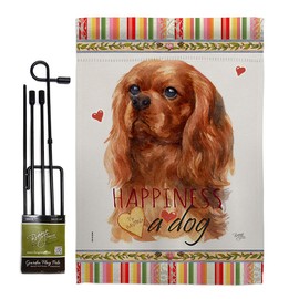 Ruby Cavalier King Spaniel Happiness Garden Flag Set with Stand Animals Dog Puppy Spoiled Paw Canine Fur Pet Nature Farm Animal Creature Small Gift Yard House Banner Double-Sided 13 X 18.5