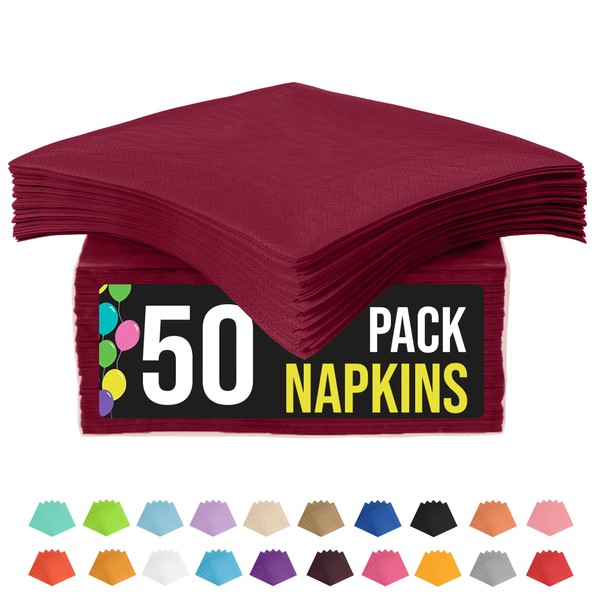 50 Pack Burgundy Paper Napkins Disposable, 2 Ply Party Napkins,