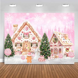 Mocsicka Gingerbread Christmas Backdrop Pink Merry Christmas Gingerbread House Decoration White Snowflake Christmas Pine Tree Winter Photography Background Banner Photo Booth Props (7x5ft(82"x60"))