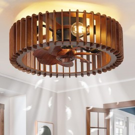 mnikopE 20'' Flush Mount Caged Ceiling Fan with Light, Wooden Low Profile Ceiling Fan with Light and Remote, 6 Speed and Reversible, Farmhouse Bladeless Fan Lights for Bedroom, Kitchen