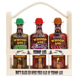 WHOOP ASS Premium Bacon, Green Habanero, and Roasted Garlic Hot Sauce Gift Set Wooden Crate - Try if you dare! – Perfect Gourmet Fathers Day Gift for the Hot Sauce Fan