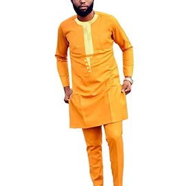 HD African Outfit for Man Dashiki Shirt Embroidery Attire Set Orange 4XL