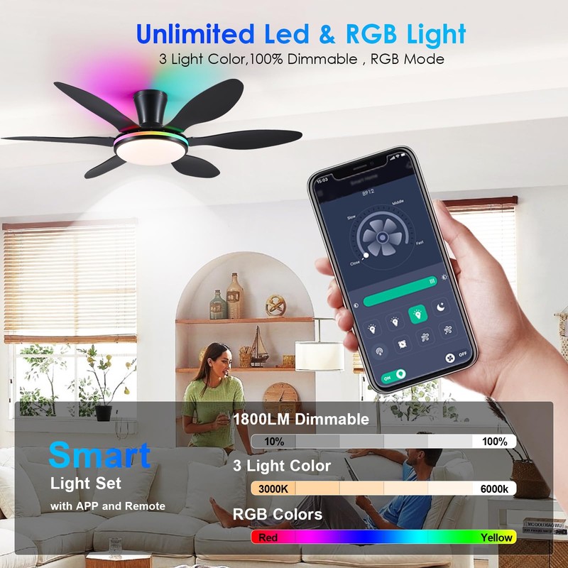 BayDay Ceiling Fans with Lights, Flush Mount Ceiling Fan Led