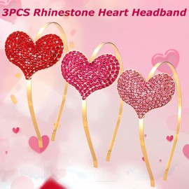 NVENF 3PCS Valentine’s Day Heart Headbands for Women Rhinestone Glitter Heart Hairband Wedding Party Love Hearts Hair Accessory Gift (3PCS Rhinestone Headband)