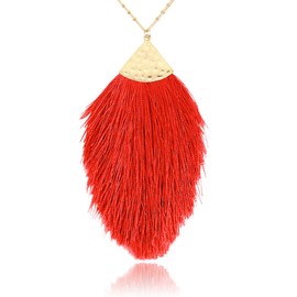 RIAH FASHION Antique Bohemian Silky Thread Fan Tassel Statement Necklace - Vintage Gold Feather Shape Strand Fringe Lightweight Long Chain (Feather Fringe - Red)