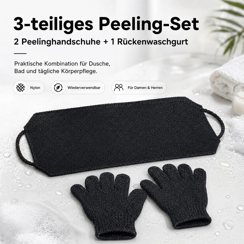 Juego de 3 Guantes y Correa Exfoliante para Ducha SONGQEE
