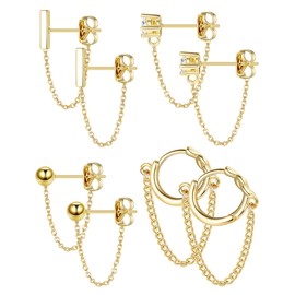 YADOCA 4 Pairs Chain Earrings for Women CZ Ball Bar Huggie Hoop Piercing Dangle Chain Stud Earring Set Gold