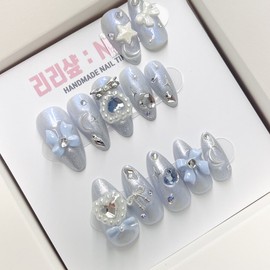 Metallic Blue Beam Handmade Nail Tips - Oval / 메탈릭 블루빔 수제네일팁 - 오벌
