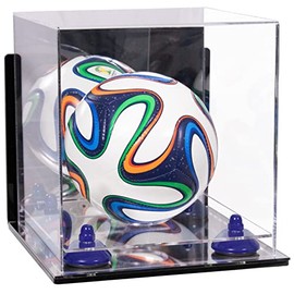Better Display Cases Acrylic Mini - Miniature (not Full Size) Soccer Ball Display Case with Clear & Mirror Case, Dark Blue Risers , Wall Mount and Mirror Base (B03/A015)
