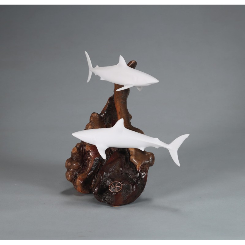 Mako Shark Duo Sculpture by John Perry Pellucida 6in Long