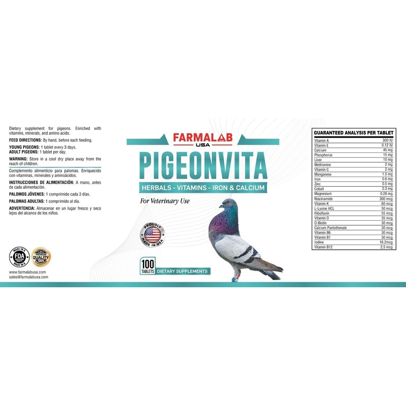 FARMALAB VITAMINA COMPLETA PARA PALOMAS PIGEONVITA VITAMINS 100 TABS FOR