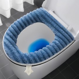 Toilet Seat Warmer Cover,Bathroom Soft Thicker Warmer with Zipper Snaps Fixed Stretchable Washable Fiber Cloth Toilet Seat Covers Pads Easy Installation& Cleaning (Blue)