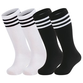 American Trends Kids Toddler Soccer Socks Stripes Uniform Knee High Tube Long Youth Soccer Baseball Socks for Boys Girls, 4 Pack Black White, 6-9 Years