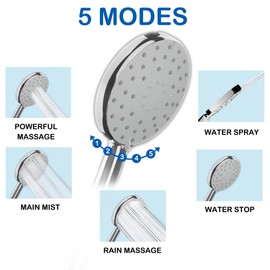 ROTORLI Shower Head with Handheld, High Pressure 5 Modes Water Saving Handheld Shower Head, Anti-scald Grip, with 6" Extra Long Stainless Steel Hose and Adjustable Mounting Holder, Silver