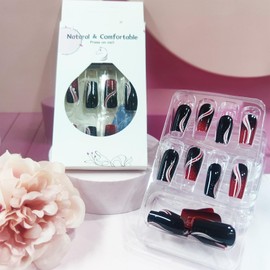 24Pcs Red Curve Line Press on Nails Black Gradient Acrylic Medium Square Fake Nail White Road Gel Glue on Nail Glossy Silver Glitter False Nails French Stick on Fingernails for Coquette Women Girls