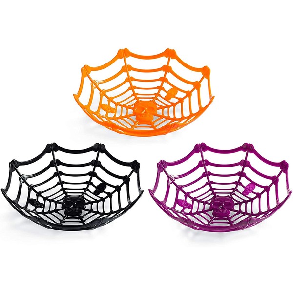 Neliblu Large Halloween Spider Web Bowl and Skulls Basket Candy Bowls for Halloween Party Supplies, Halloween Basket Decorations, Trick or Treat Candy - Set of 3