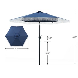 GDY 7.5ft Tassel Patio Umbrella Outdoor Table Umbrella with 18 LED Lights,Market Umbrella with 6 Sturdy Ribs, with Push Button Tilt and Crank, Dark Blue