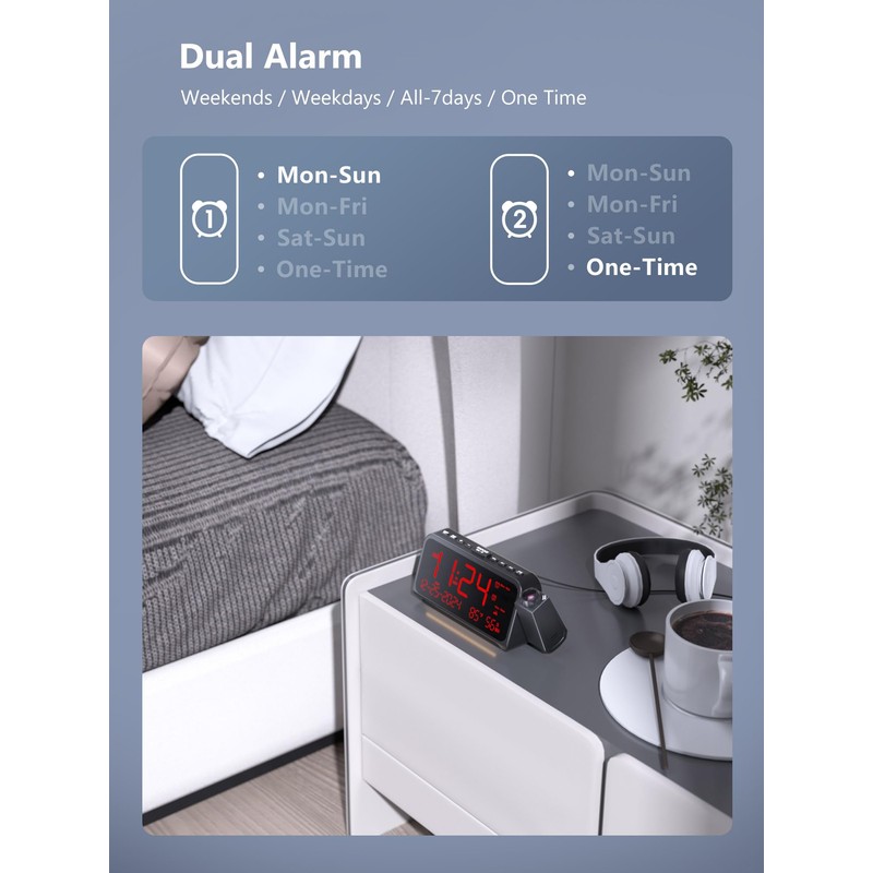 Projection Alarm Clock for Bedroom,Digital Clock with 350° Rotatable Projector,5-Level