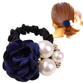Lotterakka Hair Accessories, Flower Pattern, Pearl, Scrunchie, Large, See-Through, Adult, Stylish (Navy)