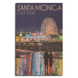 Lantern Press Santa Monica, California - Pier at Night (10x15 Wood Wall Sign, Wall Decor Ready to Hang)