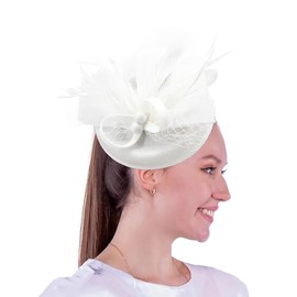 Coolwife Fascinators Pillbox Hat Sinamay Feather Flower Derby Ball Wedding Church Party Headwear (Beaded White)