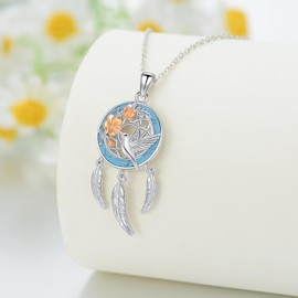 MISTBEE Hummingbird Flower Necklace for Women Hummingbird Lovers 925 Sterling Silver Dream Catcher Pendant Turquoise Jewelry for Birthday Mother's Day