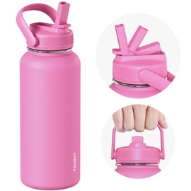 TOURIT 32 oz Insulated Water Bottle, Stainless Steel Water Bottles With Straw, Double Wall Vacuum Metal for Cold and Hot Drinks, Leak Proof BPA Free Flask for Sports and Travel, Hot Pink