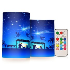 ALAZA Christmas Blue Nativity Scene Flickering Flameless Candles Battery Operated with Remote Timer,Tea Light Candles LED Pillar Votive Candles Set of 2 for Outdoor Indoor Decorations