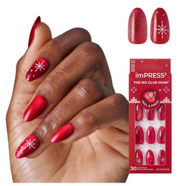 KISS imPRESS Holiday Press On Nails Almond, ‘The Cute List’, Red, Medium, Magnetic Powder Effect, Improved Super Hold Adhesive, 30 Fake Nails, Prep Pad, Mini Nail File, & Manicure Stick