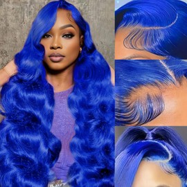 MIGURA 28 Inch Blue Lace Front Wig Human Hair Body Wave 200 Density 13x4 HD Lace Front Wigs Human Hair Pre Plucked With Baby Hair Lace Frontal Wigs Blue Real Hair Wigs for Women Color