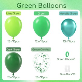 60pcs Green Balloons 12inch with Dark Lime Metallic Green Confetti Balloons for Jungle Dinosaur Safari Baby Shower Birthday Party Decorations