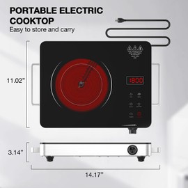 Electric Cooktop,Portable Electric Cooktop 1800W Single Burner Stove with Plug,Hot Plate Countertop,110V-120V Infrared Burner,Child Safety Lock,Timer,Touch and Knob Control