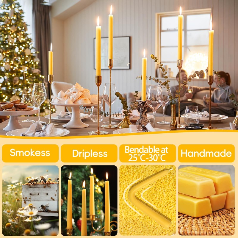 8 in Beeswax Taper Candles,8 Pack Dripless Pure Beeswax Candle